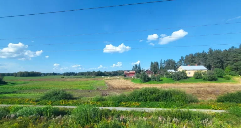 A view from a Finnish train travelling through the countryside in Finland.