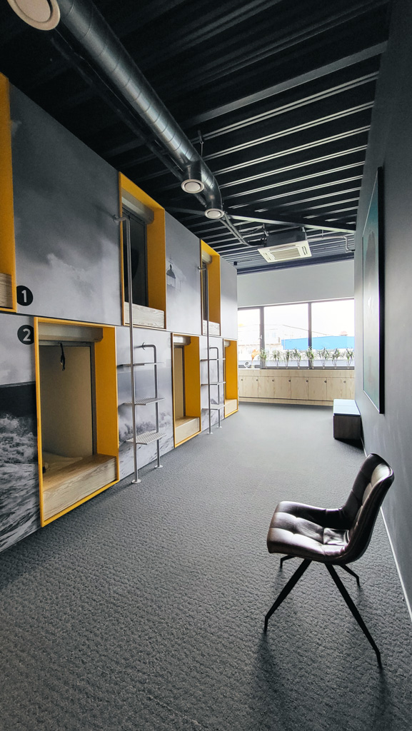 Capsule hotel room in Klaipeda, Lithuania.