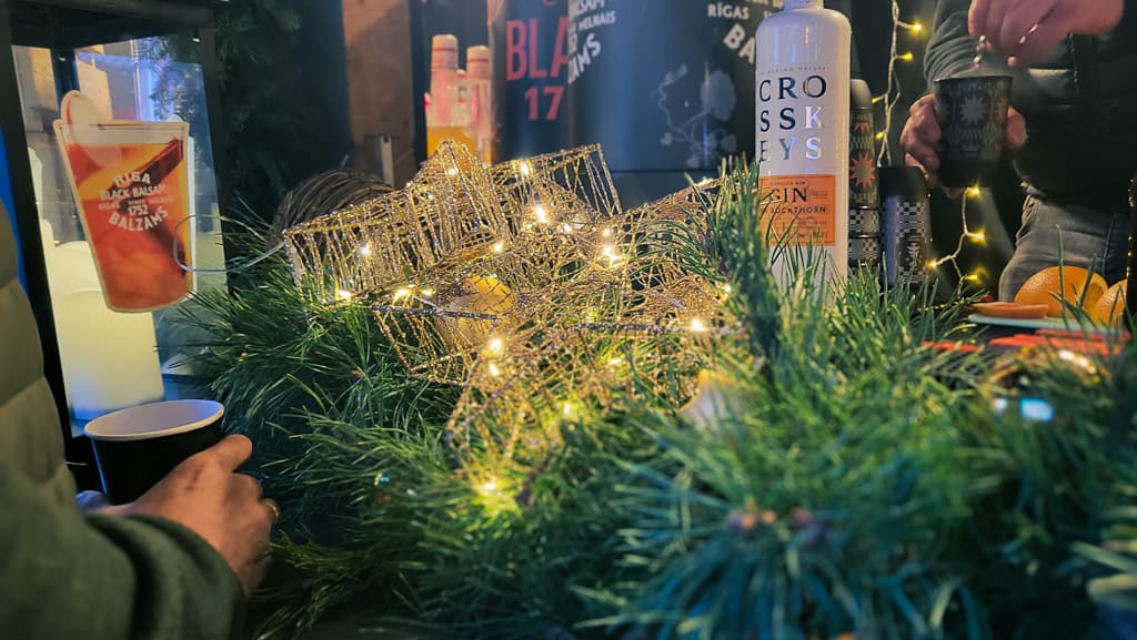 Christmas decorations on a drink stall at Riga Christmas Market