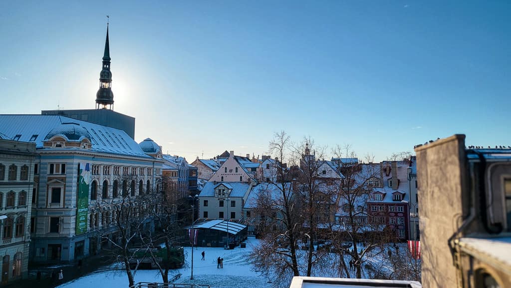 Wintery view from the Tree House hostel, overlooking the roofs of Old Town.