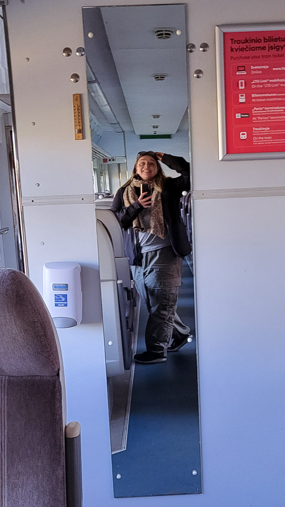 The page author Riikka taking a smiling picture of herself on the mirror on a Lithuanian train.