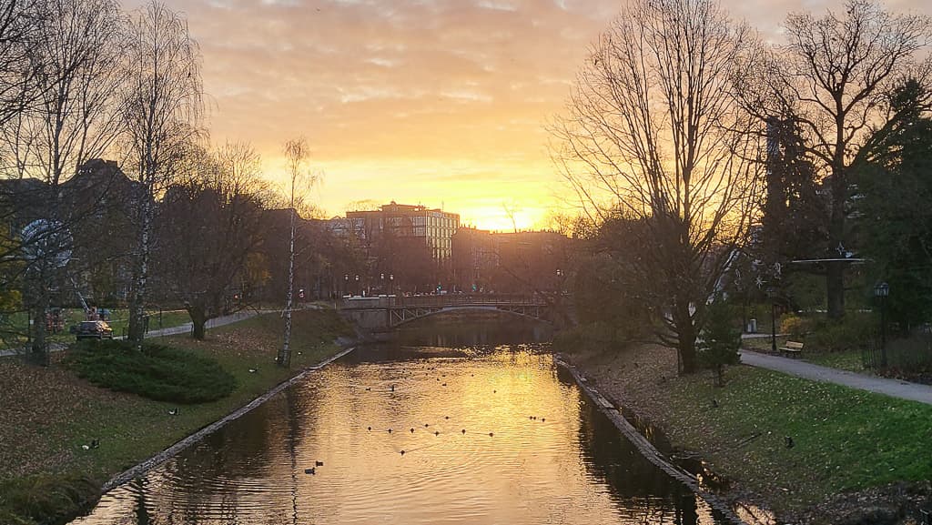 Rauhallinen auringonlaskunäkymä Riian vapaudenpatsaalta kanavalle, jossa uiskentelee ankkoja. Polut reunustavat paljaita puita, ja kultainen valo heijastuu veteen, luoden seesteisen tunnelman.